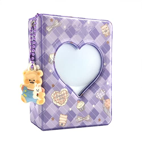 YAHUIPEIUS 3 Inch Mini Photo Album, Heart Hollow Card Binder Photo Card Holder with Pendant 40 Pockets (purple plaid) - Image 1