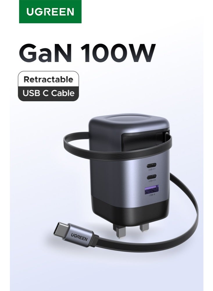 UGREEN ECO Nexode 100W Charger USB Type C Retractable With 0.75M 2C1A USB C Cable iPhone Fast and Safe Charging Cord High Temperature Protection Easy to Store and Keep Desk Tidy Perfect Partner for Outdoors - Grey - Image 1