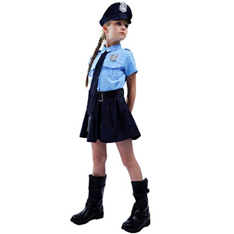 PGOND Police Officer Girls Uniform Party Costume For Dress-Up Cotton Blend Fabric Blue and Black Design Adjustable Fit Perfect for Halloween, Birthday, or Themed Parties - Image 2