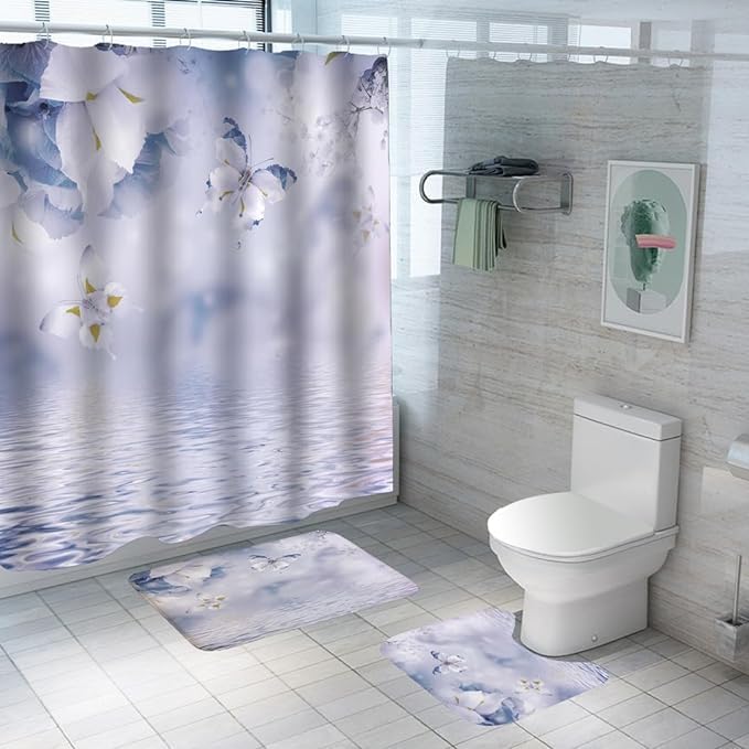 Kuber Industries Kuber Industries Shower Curtain & Bathmat Set | Non-Slip Bath mats for Bathroom | Easy-Slide Curtains | Polyester Curtain or Bathmat for Bath Décor | YF314-3T | 3 Pcs Set | Multicolor  - Image 1