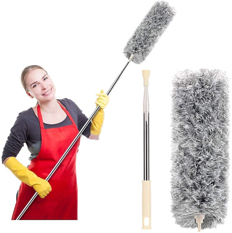 Chavda Microfiber Feather Duster Bendable Extendable Fan Cleaning Duster with 100 inches Expandable Pole Handle Washable Duster for High Ceiling Fans Window Blinds Furniture Grey
