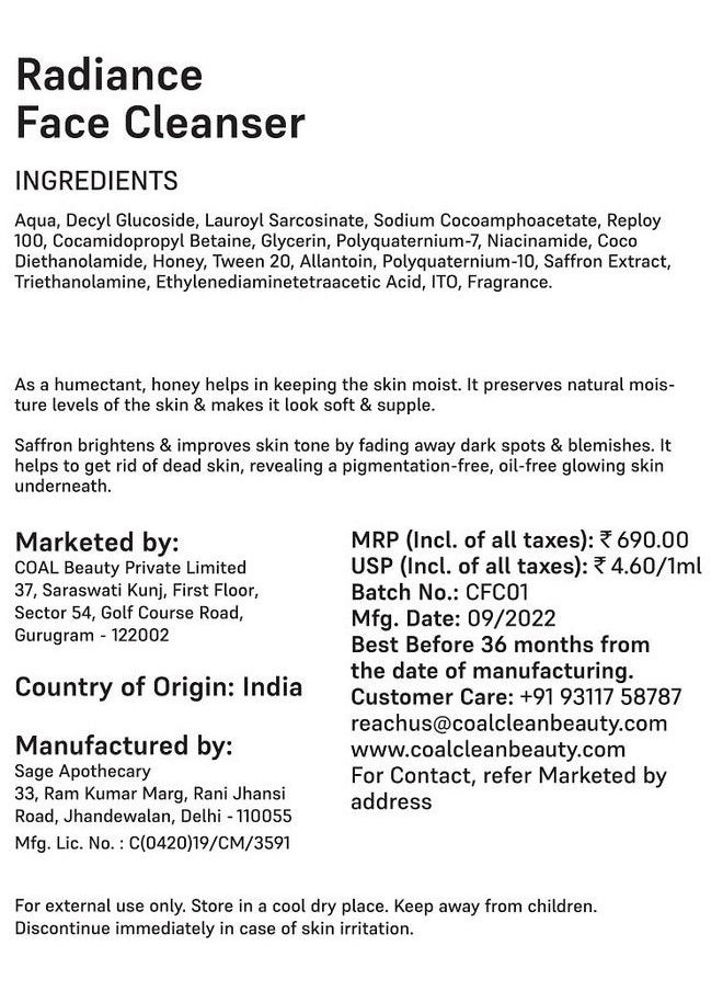 COAL CLEAN BEAUTY - Radiance Face Cleanser Honey Saffron Extract Cocamidopropyl Betaine Decyl Glucoside Glycerin ; Deeply Cleanses Face Moisturises & Hydrates Skin Women All Skin Types 150 Ml - Image 1