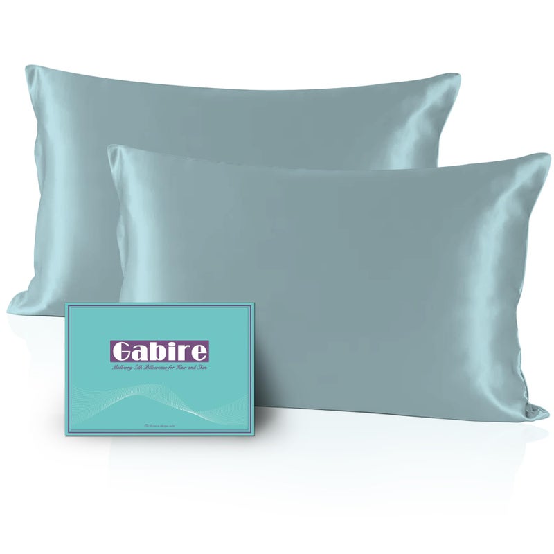 Gabire Gabire Mulberry Silk Pillowcases Set of 2  Both Sides Real Silk Pillowcase for Hair and Skin Prevent Acne Pillowcase Organic Silk Pillowcase 2 Pack with Hidden Zipper  Haze Blue  Standard (20""?26"") - Image 1