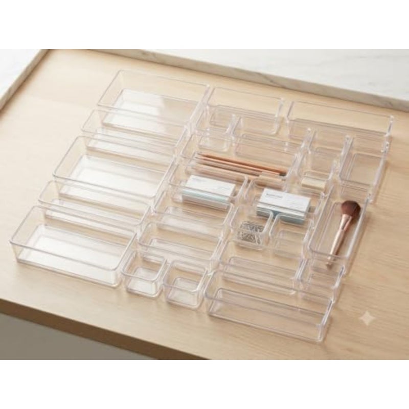 Clear Drawer Organizer Set 25 Pieces in 4 Sizes Durable plastic, easy to clean, stackable, multi-use, combinable into multiple shapes, for kitchen, bathroom and office - Image 1