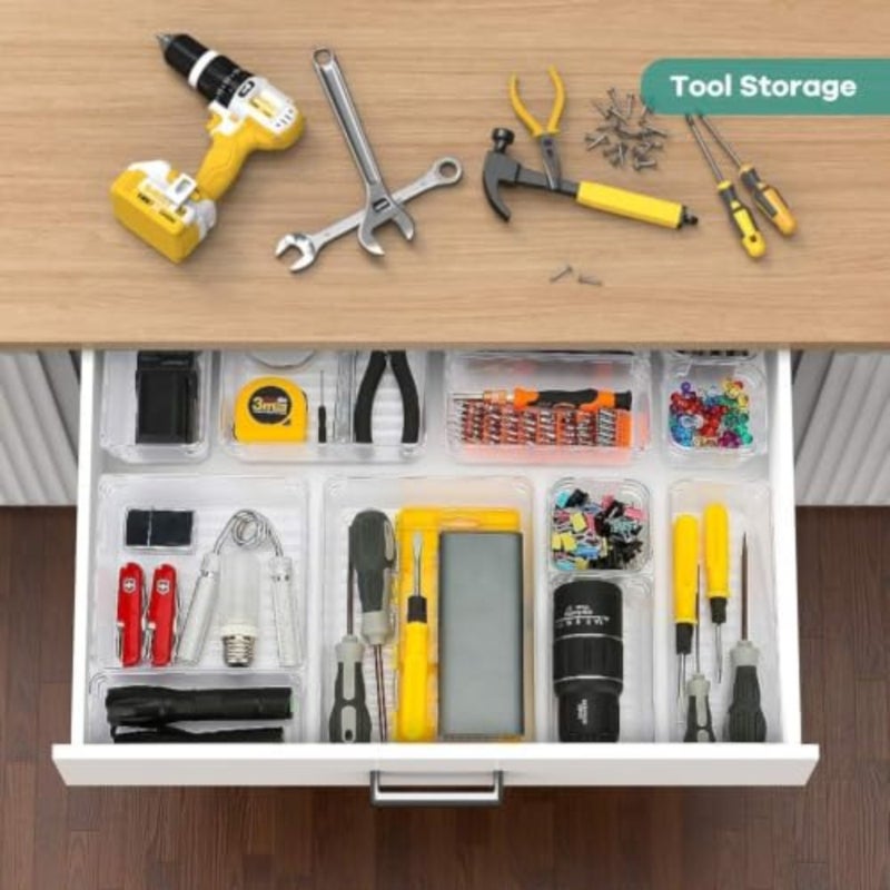 Clear Drawer Organizer Set 25 Pieces in 4 Sizes Durable plastic, easy to clean, stackable, multi-use, combinable into multiple shapes, for kitchen, bathroom and office - Image 3