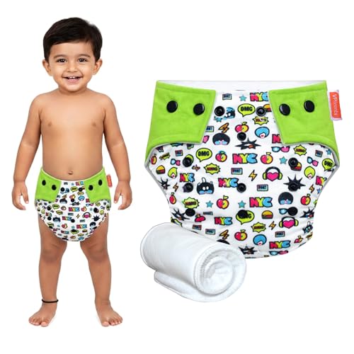 Vparents Mix Print Reusable and Adjustable Cloth Diapers With ulta absorbent Insert with 5 layers- washable (Green) - Image 1