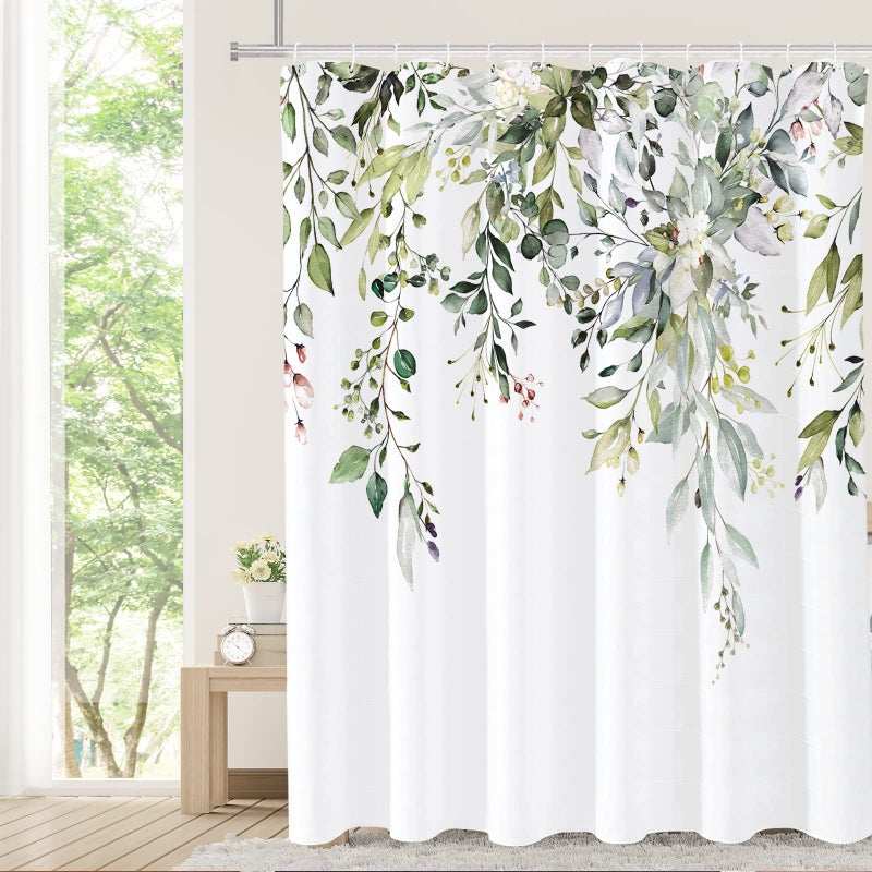 Tititex Sage Green Eucalyptus Shower Curtain, Watercolor Leaves on The Top Plant with Floral Bathroom Decoration Shower Curtain Sets 72x72 Inch with Hooks - Image 1