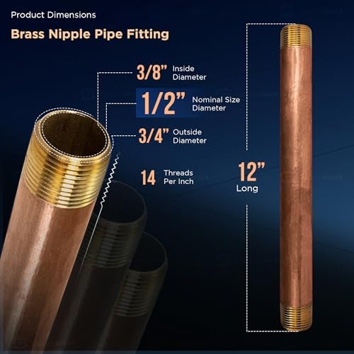 SUPPLYGIANT 12" Long Brass Nipple Pipe Fitting with 1/2" Nominal Diameter and NPT Ends - Image 3