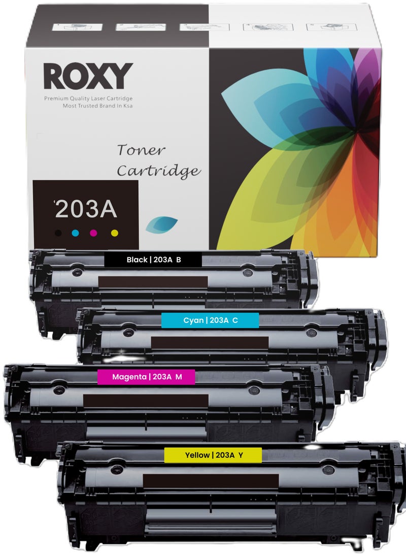 روكسي خراطيش حبر متوافقة مع Roxy 203 203A HP203X (مجموعة) CF540A CF541A CF542A CF543A / لطابعات LaserJet Pro MFP M254dw M254dnM254nw M280nw M281fdn M281fdw M281cdw (أسود، سماوي، أرجواني، أصفر) - Image 1