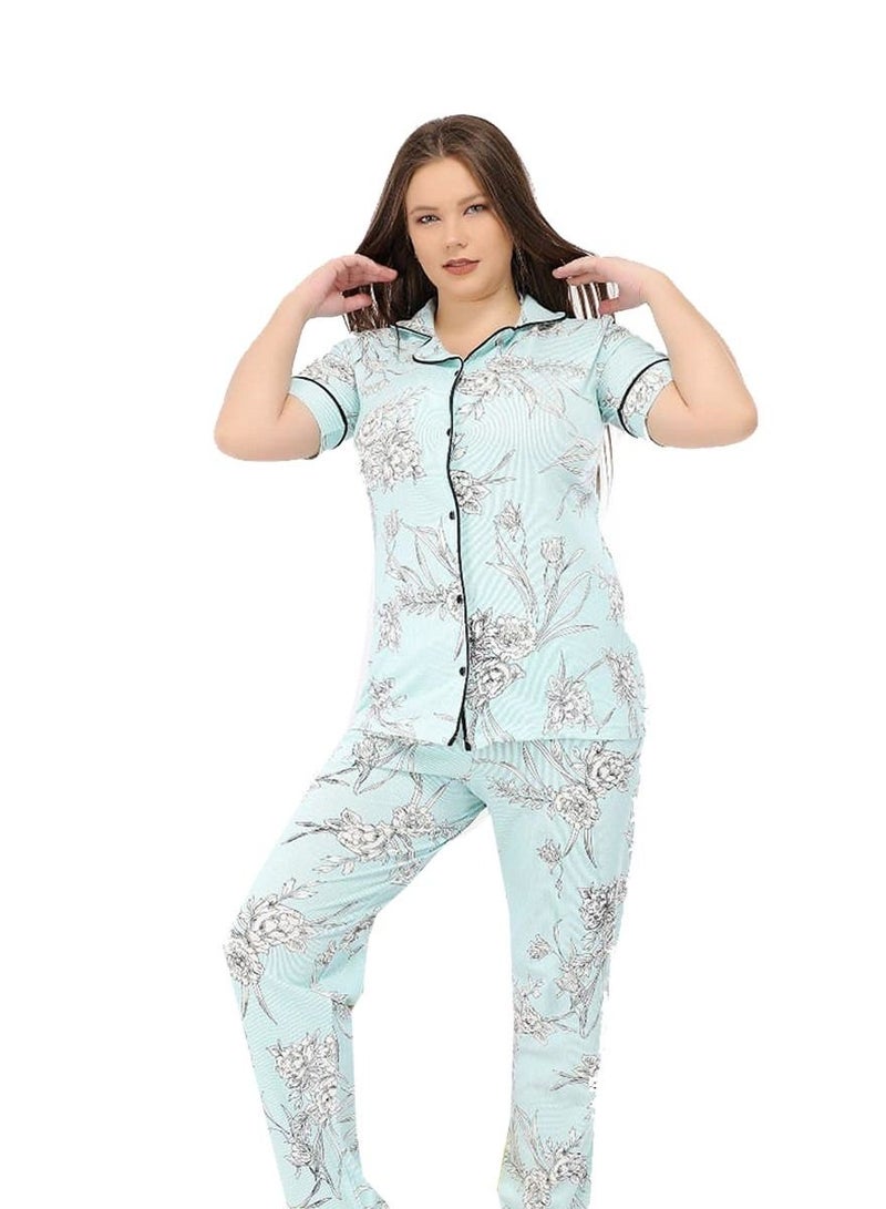 Ganna Women's short-sleeved pyjamas with buttons and summer long pants made of cotton large sizes 