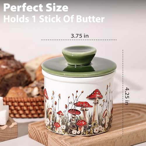 Fungi Fun Mushroom Butter Crock - French Style Ceramic Butter Keeper and Butter Dish with Lid, Red and White Butter Holder for Countertop Storage, Airtight Container for Soft, Spreadable Butter - Image 2