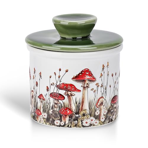 Fungi Fun Mushroom Butter Crock - French Style Ceramic Butter Keeper and Butter Dish with Lid, Red and White Butter Holder for Countertop Storage, Airtight Container for Soft, Spreadable Butter - Image 1