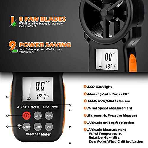AOPUTTRIVER Digital Anemometer Barometer Handheld Anemometer, Wind Speed Meter for Wind Speed/Temperature with Wind Chill & Relative Humidity, Altitude, Barometric Pressure measure for HVAC CFM Shooting -AP-007WM - Image 2
