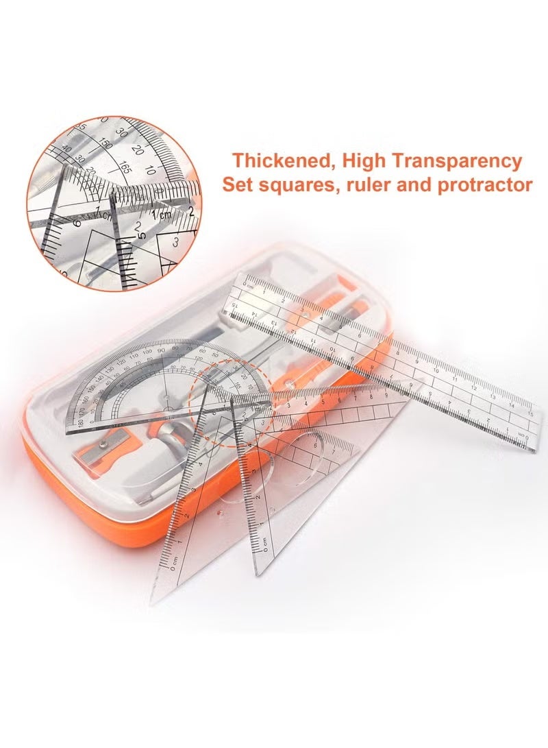 GIFT Maths Compasses for Geometry Student Drafting Compass Set Starter Kit with Protractor, Set Squares with Case for School Maths Study, Orange - Image 4