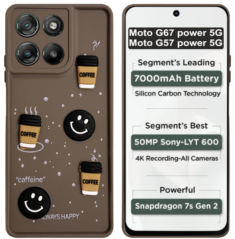 SBMS Silicone Back Cover Case for Motorola G67 Power / G57 Power | Cute Fun 3D Cartoon, Coffee Design Silicone Case | Camera Protection Bump | Shockproof Case for Moto G57 Power 5G (Coffe Mug Brown) - Image 1