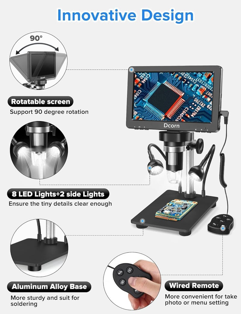 Dcorn 7'' Digital Microscope 1200X, 12MP 1080P Photo/Video Microscope for Adults Soldering Coins,Metal Stand,Wired Remote,10 LED Fill Lights,PC View,Windows/Mac - Black - Image 5