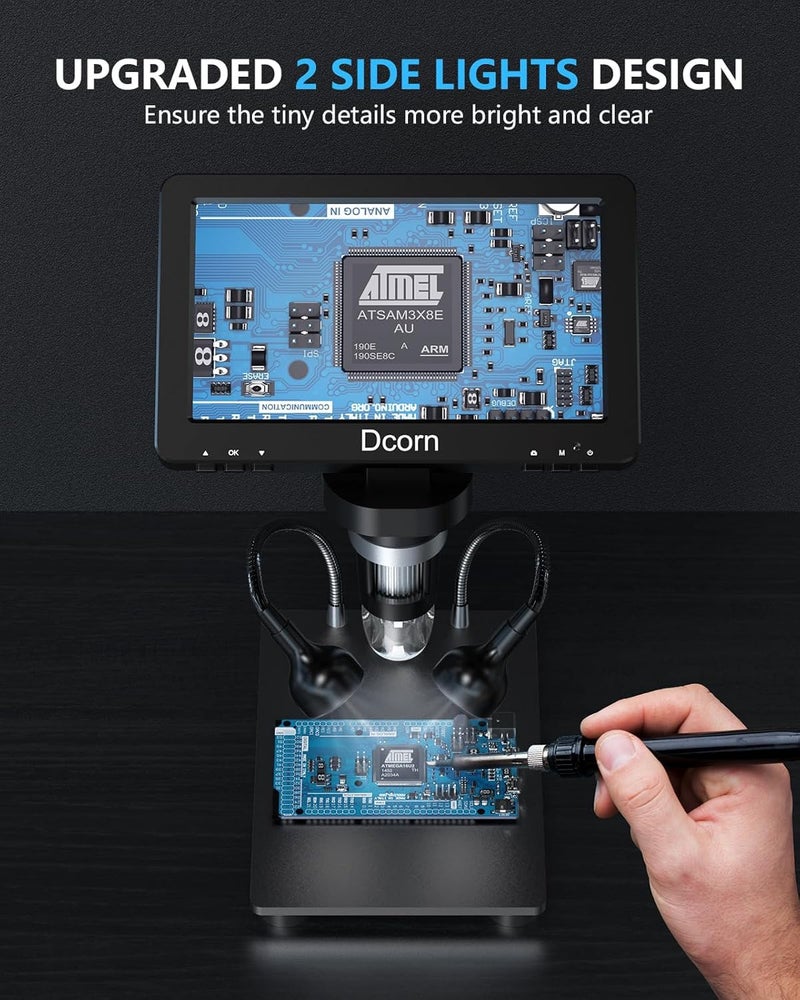 Dcorn 7'' Digital Microscope 1200X, 12MP 1080P Photo/Video Microscope for Adults Soldering Coins,Metal Stand,Wired Remote,10 LED Fill Lights,PC View,Windows/Mac - Black - Image 3