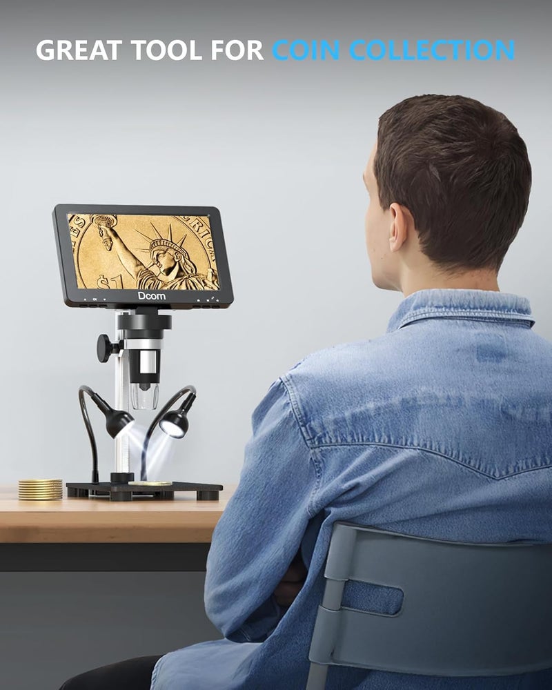 Dcorn 7'' Digital Microscope 1200X, 12MP 1080P Photo/Video Microscope for Adults Soldering Coins,Metal Stand,Wired Remote,10 LED Fill Lights,PC View,Windows/Mac - Black - Image 2