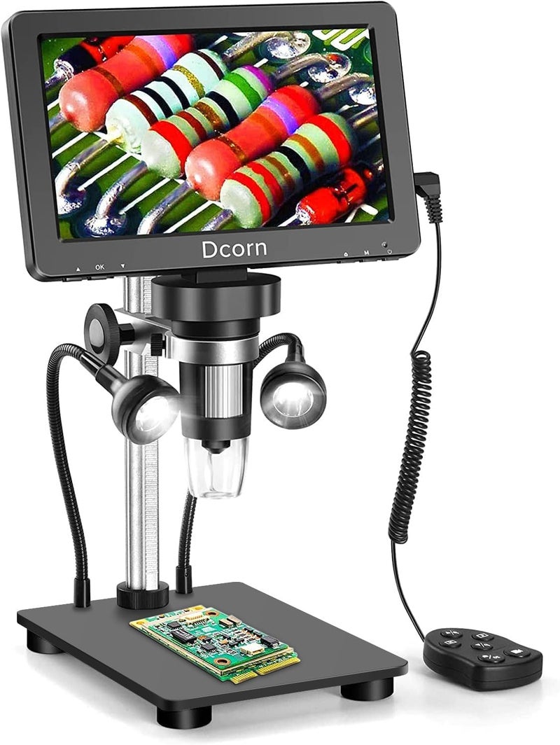 Dcorn 7'' Digital Microscope 1200X, 12MP 1080P Photo/Video Microscope for Adults Soldering Coins,Metal Stand,Wired Remote,10 LED Fill Lights,PC View,Windows/Mac - Black - Image 1