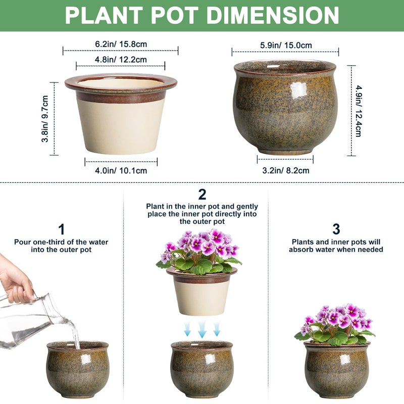 Teagas Self Watering Planters for Indoor Plants, 6 Inch Ceramic African Violet Pots with Absorbent Inner Pot, Ceramic Plant Pot, Round Flower Pots, Bathroom Decor, Housewarming Gifts, Yellowish Brown - Image 2