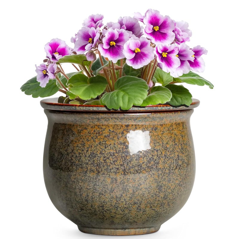 Teagas Self Watering Planters for Indoor Plants, 6 Inch Ceramic African Violet Pots with Absorbent Inner Pot, Ceramic Plant Pot, Round Flower Pots, Bathroom Decor, Housewarming Gifts, Yellowish Brown - Image 1