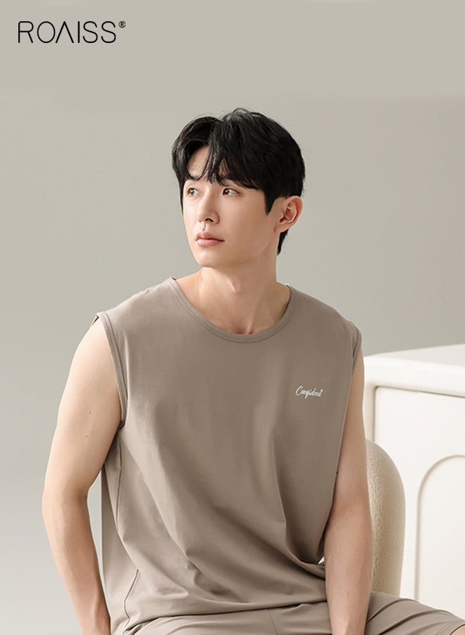 رويس طقم بيجامة رجالي صيفي برقبة دائرية قابلة للتنفس فضفاض بمقاس كبير بدون أكمام وقميص داخلي قصير ملابس مريحة غير رسمية بخصر مرن وكنزة صوفية ملابس نوم كاكي - Image 4