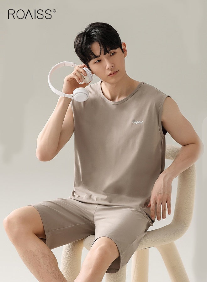 رويس طقم بيجامة رجالي صيفي برقبة دائرية قابلة للتنفس فضفاض بمقاس كبير بدون أكمام وقميص داخلي قصير ملابس مريحة غير رسمية بخصر مرن وكنزة صوفية ملابس نوم كاكي - Image 1