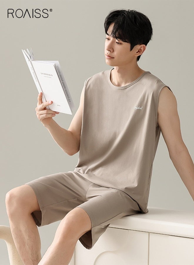 رويس طقم بيجامة رجالي صيفي برقبة دائرية قابلة للتنفس فضفاض بمقاس كبير بدون أكمام وقميص داخلي قصير ملابس مريحة غير رسمية بخصر مرن وكنزة صوفية ملابس نوم كاكي - Image 2