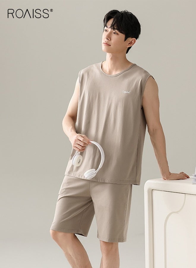 رويس طقم بيجامة رجالي صيفي برقبة دائرية قابلة للتنفس فضفاض بمقاس كبير بدون أكمام وقميص داخلي قصير ملابس مريحة غير رسمية بخصر مرن وكنزة صوفية ملابس نوم كاكي - Image 3