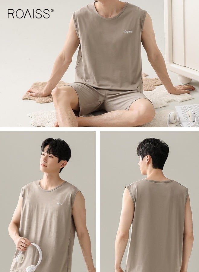 رويس طقم بيجامة رجالي صيفي برقبة دائرية قابلة للتنفس فضفاض بمقاس كبير بدون أكمام وقميص داخلي قصير ملابس مريحة غير رسمية بخصر مرن وكنزة صوفية ملابس نوم كاكي - Image 5