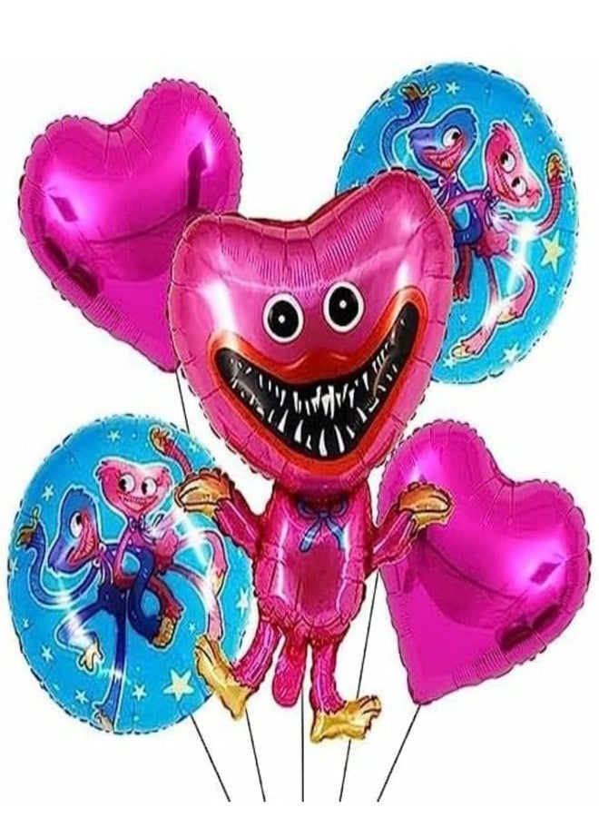 Fun Affairs Puppy Playtime Pink Monster Theme Foil Balloon Set - Cartoon Style Birthday Decoration Balloons with Heart & Round Printed Balloons for Kids Party Supplies, 5Pcs - Image 1