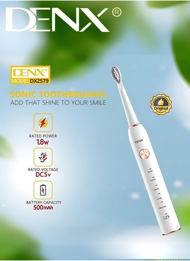 Denx Electric Toothbrush With 3 Brush Heads, Ultrasonic Motor, 5 Modes, Rechargeable, Ipx7 Waterproof, Electric Toothbrush For Adults And Teens Dx2579 - Image 2