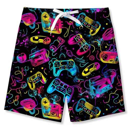 uideazone Boy's Funny Gamepad Swim Trunks Summer Quick Dry Swimsuits Elastic Waist Beach Board Shorts Blue Red Sunset Bathing Suit with Side Pockets - Image 1