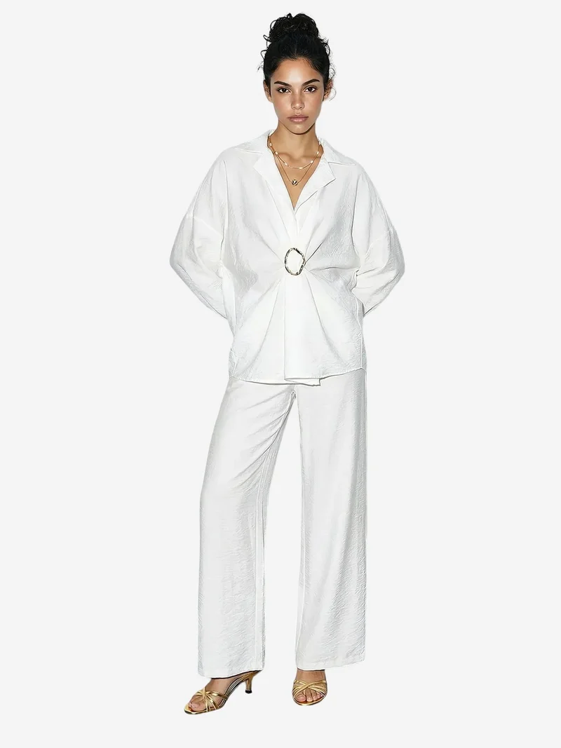 Bianco Lucci LUCCI Oversized Button-Up Shirt and Wide Leg Pants Co-ord