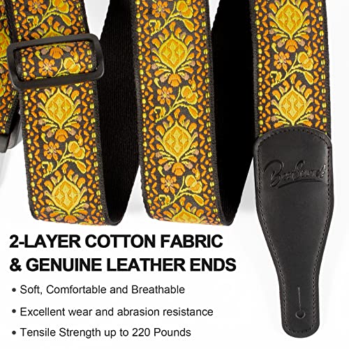 BestSounds Guitar Strap, Jacquard Embroidered Cotton Straps with Genuine Leather Ends Shoulder Strap for Bass, Acoustic, Electric Guitar (Retro Yellow) - Image 2