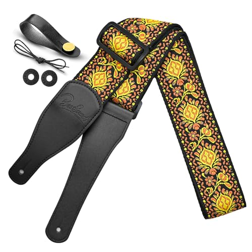 BestSounds Guitar Strap, Jacquard Embroidered Cotton Straps with Genuine Leather Ends Shoulder Strap for Bass, Acoustic, Electric Guitar (Retro Yellow) - Image 1