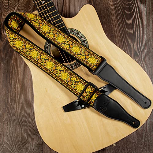 BestSounds Guitar Strap, Jacquard Embroidered Cotton Straps with Genuine Leather Ends Shoulder Strap for Bass, Acoustic, Electric Guitar (Retro Yellow) - Image 5