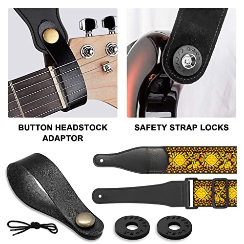 BestSounds Guitar Strap, Jacquard Embroidered Cotton Straps with Genuine Leather Ends Shoulder Strap for Bass, Acoustic, Electric Guitar (Retro Yellow) - Image 4