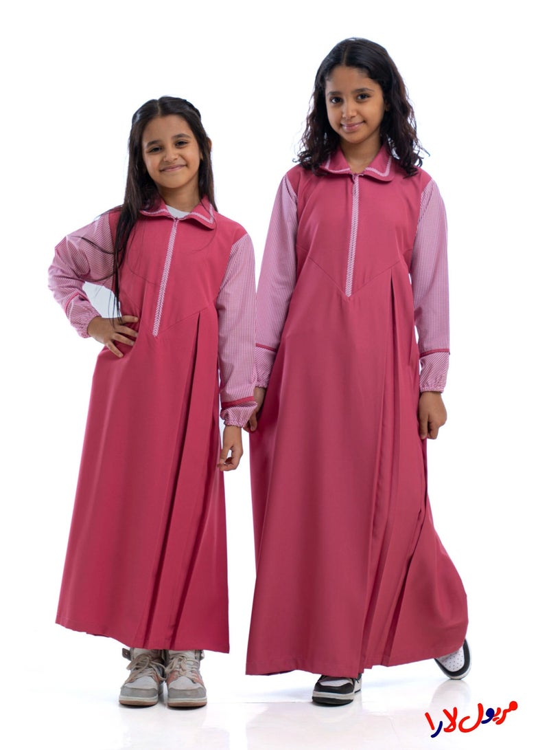 مريول لارا مريول كويتي ابتدائي بناتي وردي سادة بأكمام كاروهات – زي مدرسي رسمي مريح - Image 1