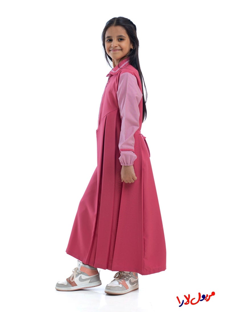 مريول لارا مريول كويتي ابتدائي بناتي وردي سادة بأكمام كاروهات – زي مدرسي رسمي مريح - Image 4