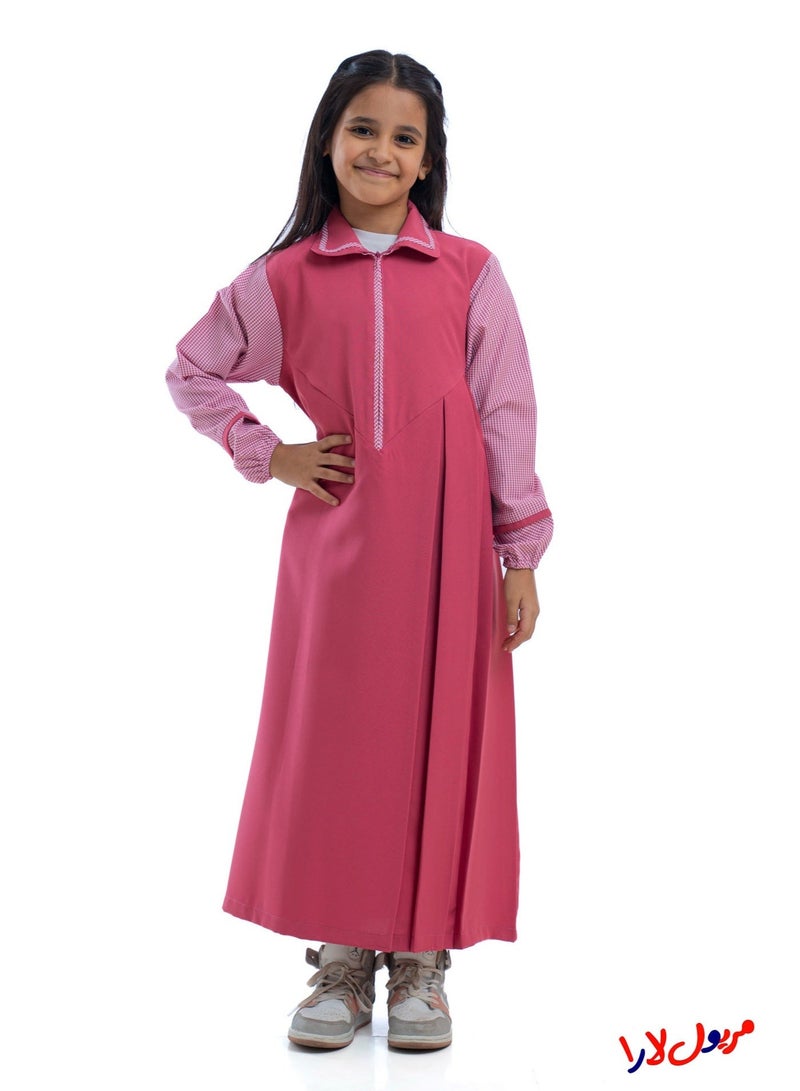 مريول لارا مريول كويتي ابتدائي بناتي وردي سادة بأكمام كاروهات – زي مدرسي رسمي مريح - Image 3
