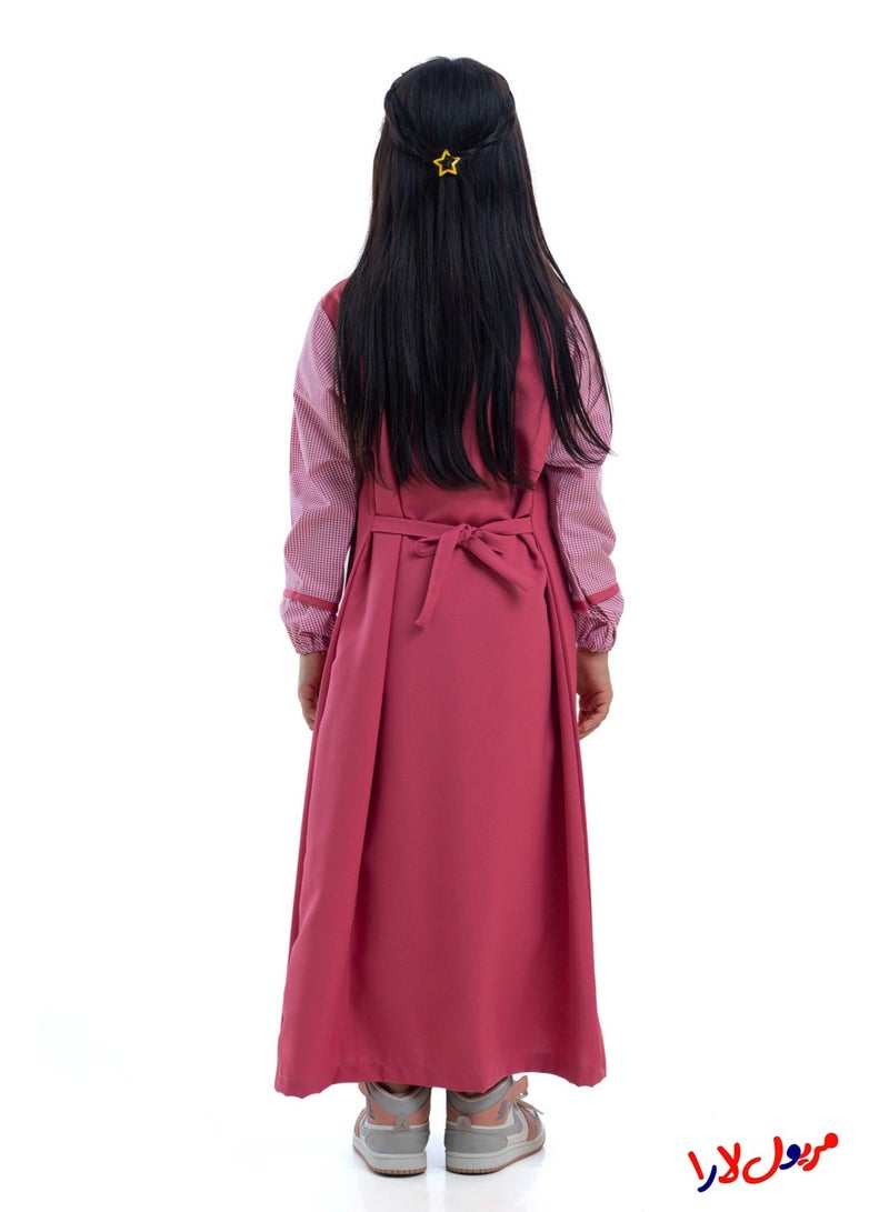 مريول لارا مريول كويتي ابتدائي بناتي وردي سادة بأكمام كاروهات – زي مدرسي رسمي مريح - Image 5