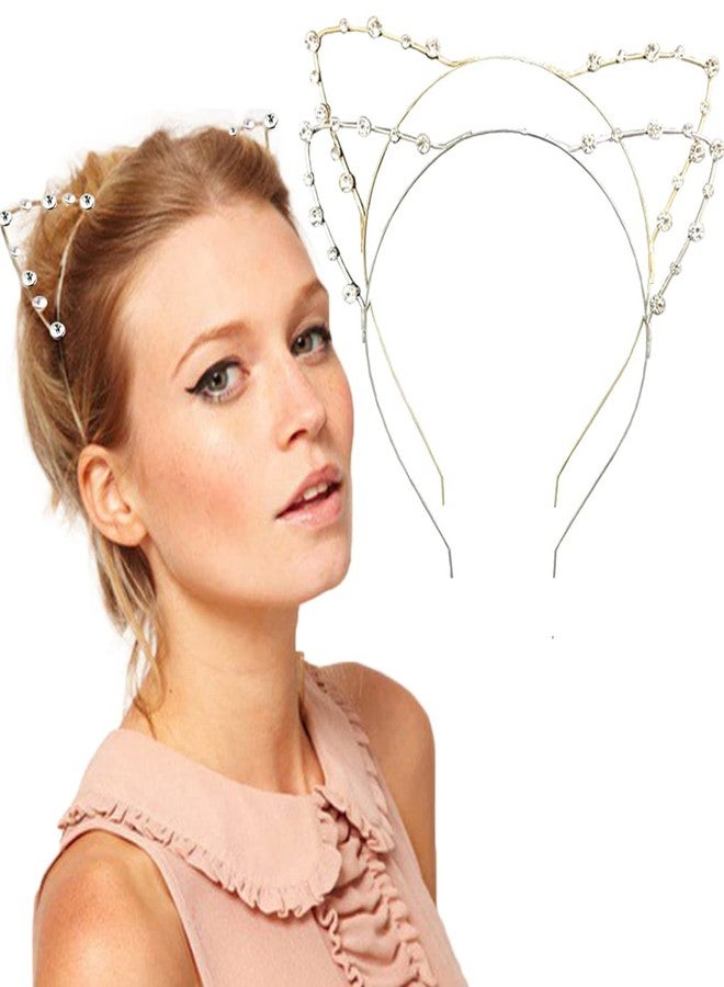 DRESHOW Rhinestone Cat Ears Headbands Kitty Crystal Hair Band for Girls and Women Pack of 2 Silver Gold Rhinestone Gold Sliver One Size - Image 1