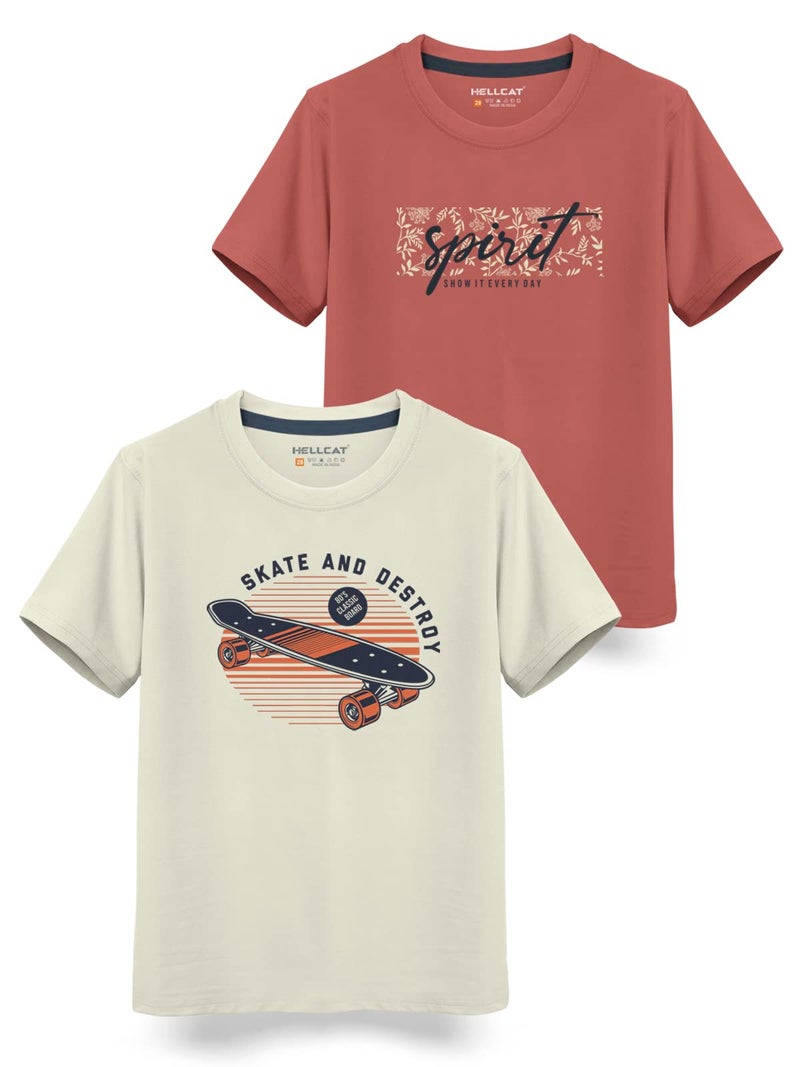 HELLCAT Trendy Typographic Printed Cotton Blend Half Sleeve T-Shirt for Boys - Pack of 2 / Beige & Brick / 13-14 Years - Image 1