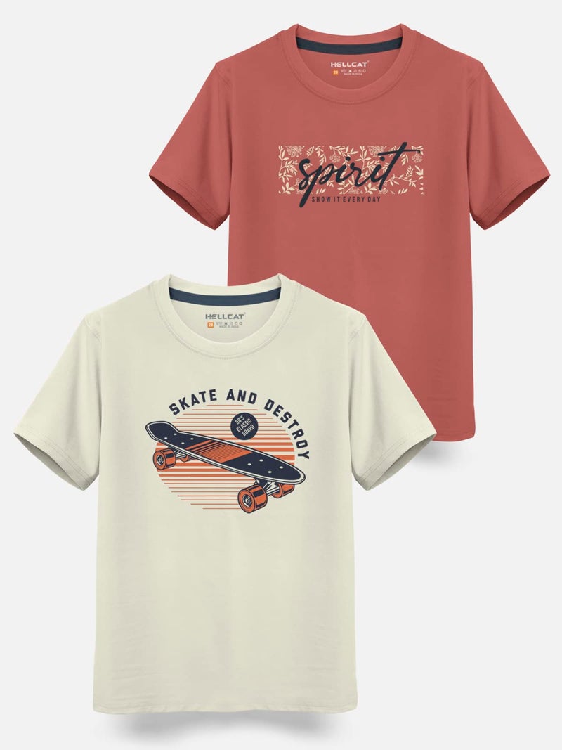 HELLCAT Trendy Typographic Printed Cotton Blend Half Sleeve T-Shirt for Boys - Pack of 2 / Beige & Brick / 13-14 Years - Image 2