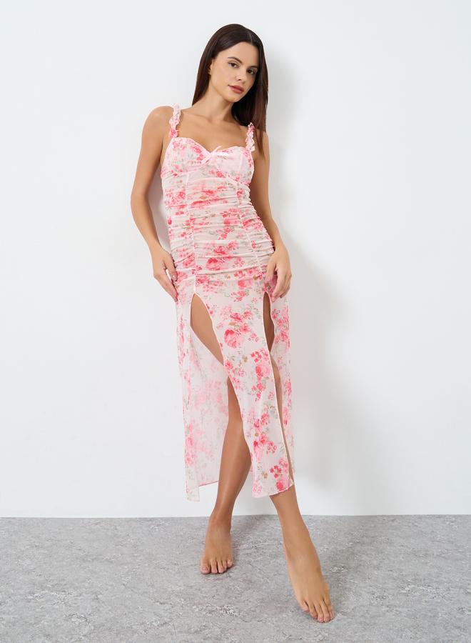 Take Two Floral Printed Flower Decoration Shoulder Straps Split Hem Sheer Babydoll - Image 1