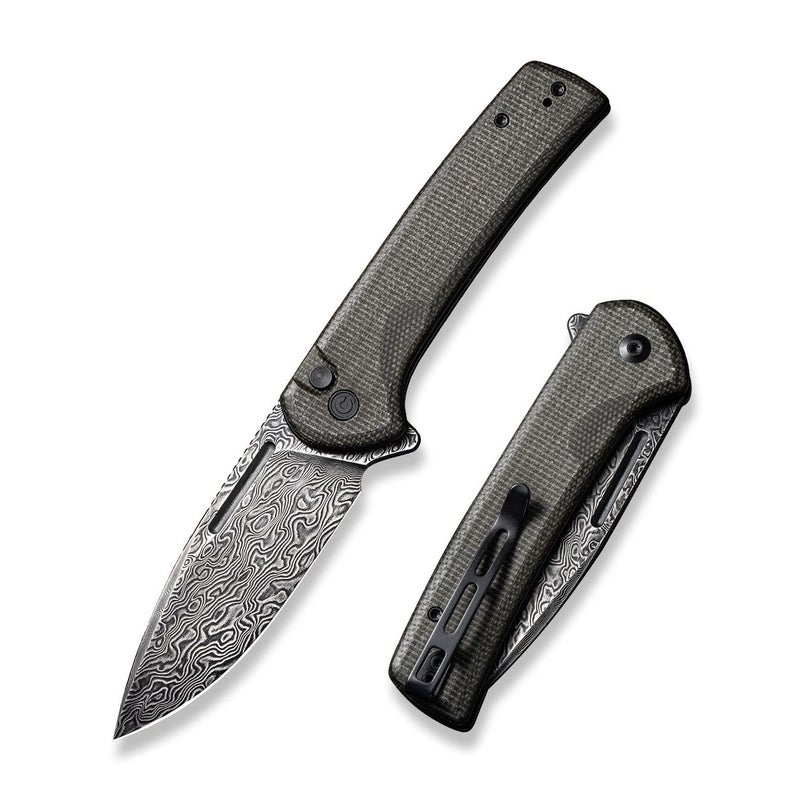 CIVIVI Pocket Knife for EDC, Conspirator Button Lock Folding Knife 3.48" Damascus Blade, Dark Green Micarta Handle C21006-DS1 - Image 1