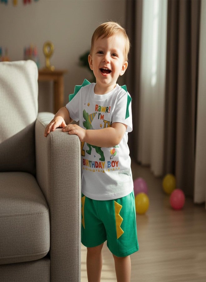 Fernvia Toddler Baby Boy Birthday Outfit 1st-5th Kids Shirt Tops + Shorts Set Dinosaur B-Day Party Summer Clothes (Army Green Two, 2-3T) - Image 2