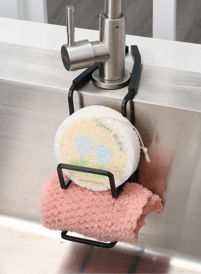 Zikra Sink Caddy Sink Sponge Holder Hanging, Kitchen Faucet Rack Holder Shower Tray Painted Iron 2-Tier Sponge Drain Rack with Sponge Wipe, Kitchen Sink Organizer for Hanging, Black - Image 1