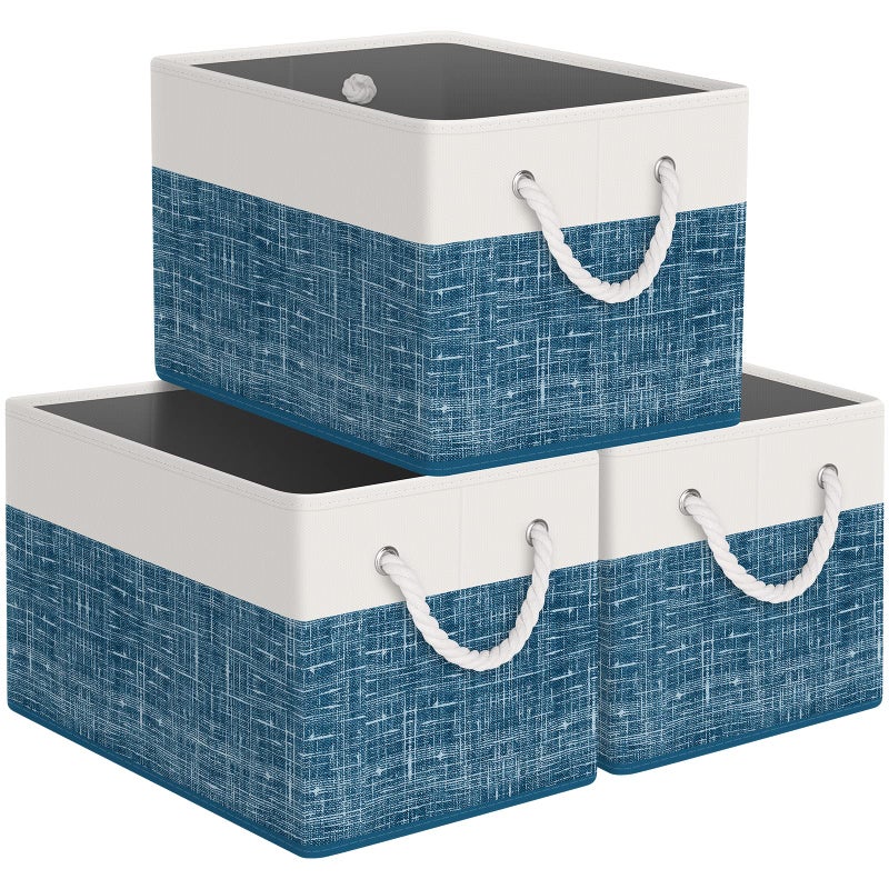 StorageTastic Storage Bin,Collapsible Storage Basket For Organizing,Large Storage Boxes With Rope Handles,Storage Containers,White & Blue,3 Pack - Image 1